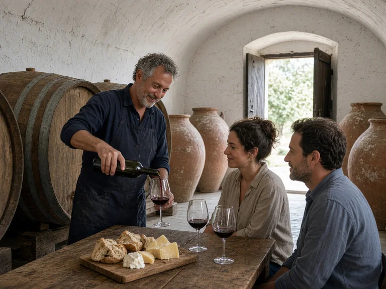 Produtor a servir vinho tinto a visitantes numa adega