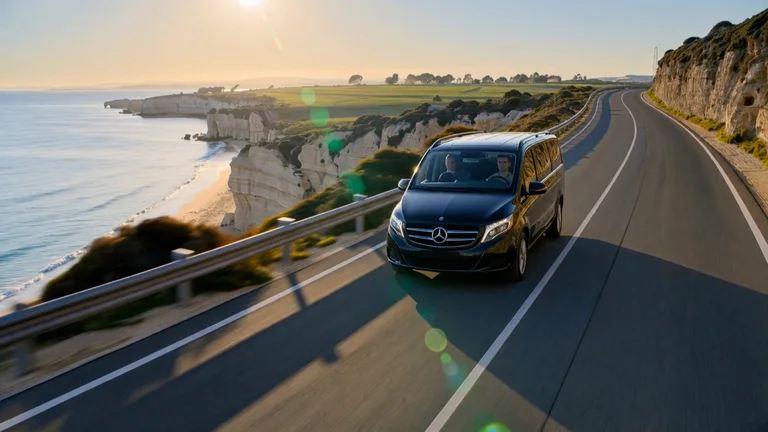 Black Mercedes V-Class on a coastal road above the Algarve cliffs at golden hour